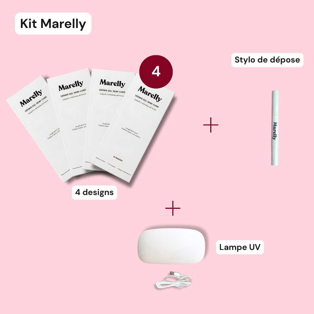 Kit Marelly — lampe UV, stylo de dépose et 4 designs